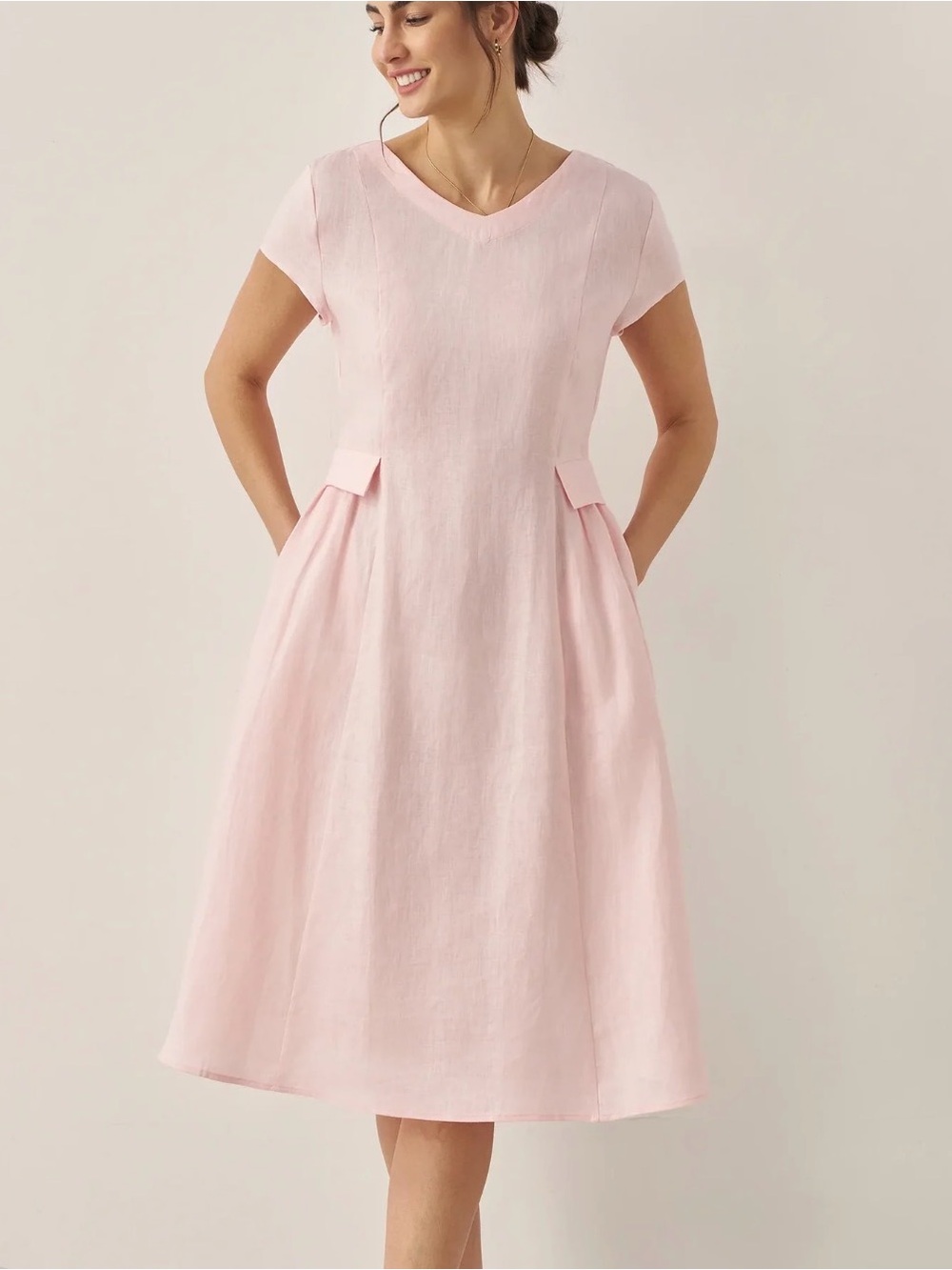 Lintico Pink Linen V-Neck Cap Sleeve Fit and Flare Midi Dress Womens XL
